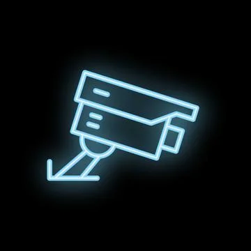 Glowing neon security camera icon on black background Stock Illustration