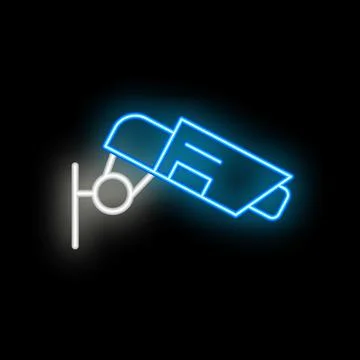 Glowing neon security camera icon on a brick wall at night Ilustración de archivo
