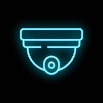 Glowing neon security camera icon on black brick wall Stock Illustration