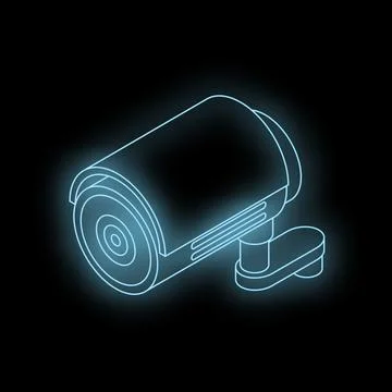 Glowing neon security camera providing surveillance on black background Stock Illustration