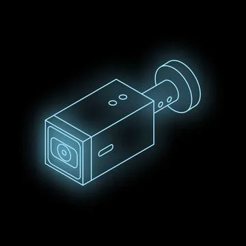 Glowing neon security camera providing surveillance in isometric view Stock Illustration