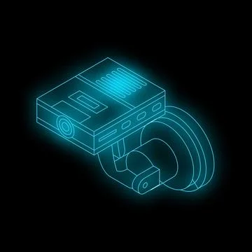 Glowing neon security camera watching in isometric perspective Stockillustratie