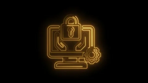 Glowing neon security icon with lock and hands over computer screen and gea.. Stock Footage 346122164