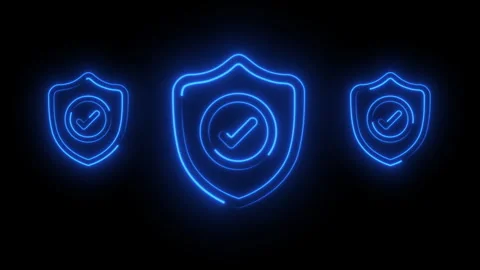Glowing Neon security shield with check mark icon on black background Stock Footage 335618621