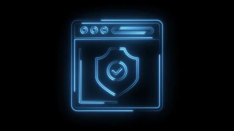 Glowing neon security shield checkmark icon on a website interface security Stock Footage 322989610