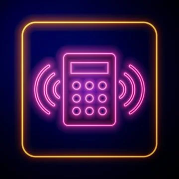 Glowing neon Security system control panel with display icon isolated on black Stock Illustration