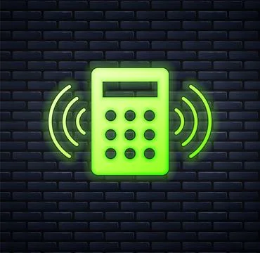 Glowing neon Security system control panel with display icon isolated on bric Stock Illustration