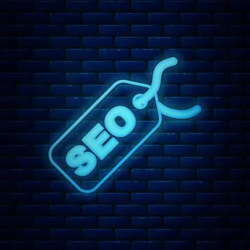 Glowing neon SEO optimization icon isolated on brick wall background. Vector Stock Illustration