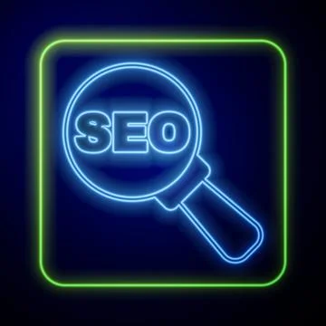 Glowing neon SEO optimization icon isolated on blue background. Vector Illustrazione stock