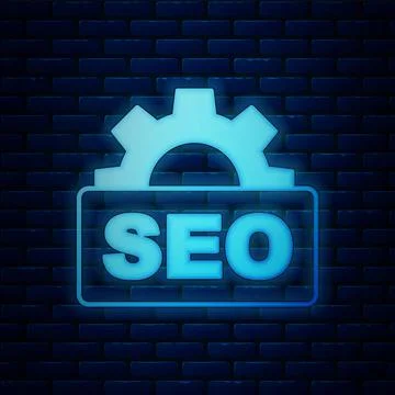 Glowing neon SEO optimization icon isolated on brick wall background. Vector イラスト素材