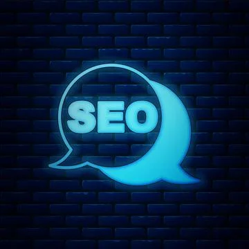 Glowing neon SEO optimization icon isolated on brick wall background. Vector 스톡 일러스트