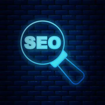 Glowing neon SEO optimization icon isolated on brick wall background. Vector Illustrazione stock
