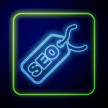 Glowing neon SEO optimization icon isolated on blue background. Vector Illustrazione stock