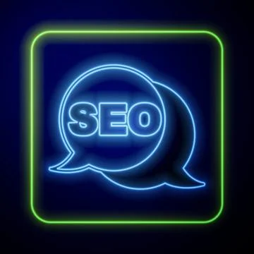 Glowing neon SEO optimization icon isolated on blue background. Vector Stock Illustration