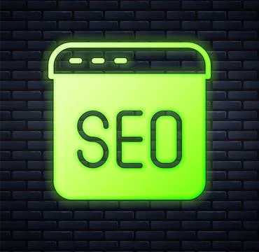 Glowing neon SEO optimization icon isolated on brick wall background.  Vector Stock Illustration