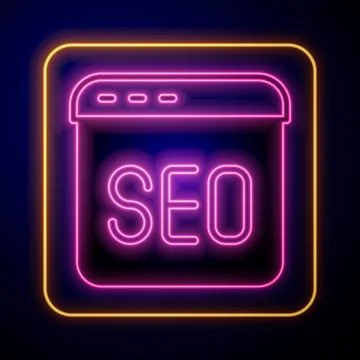 Glowing neon SEO optimization icon isolated on black background. Vector Illustrazione stock