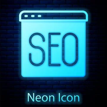 Glowing neon SEO optimization icon isolated on brick wall background. Vector Illustrazione stock