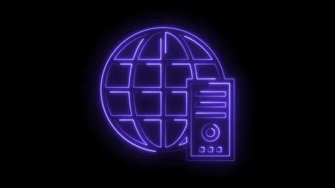 Glowing neon server and global network icon animation on black background Video stock 322985575