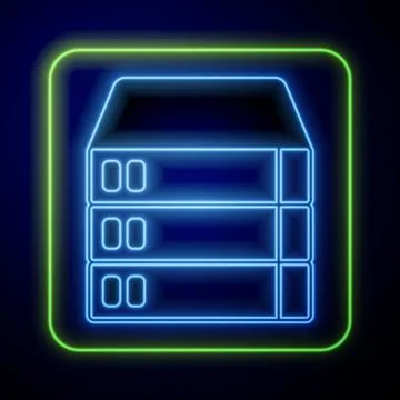 Glowing neon Server, Data, Web Hosting icon isolated on blue background. Vector Stock Illustration