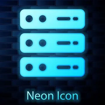 Glowing neon Server, Data, Web Hosting icon isolated on brick wall background 스톡 일러스트