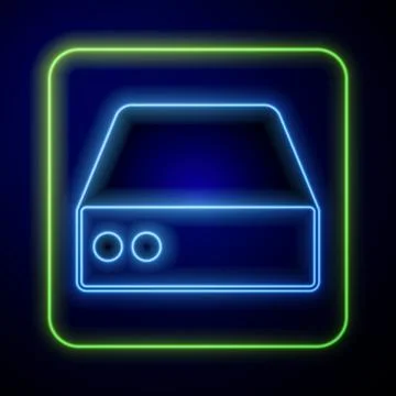 Glowing neon Server, Data, Web Hosting icon isolated on blue background. Vector Illustrazione stock