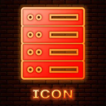 Glowing neon Server, Data, Web Hosting icon isolated on brick wall background Stock Illustration