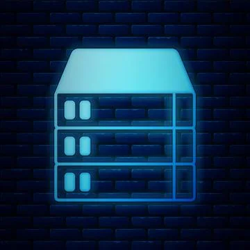 Glowing neon Server, Data, Web Hosting icon isolated on brick wall background Stock Illustration