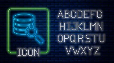Glowing neon Server, Data, Web Hosting icon isolated on brick wall background Stock Illustration