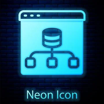 Glowing neon Server, Data, Web Hosting icon isolated on brick wall background 스톡 일러스트