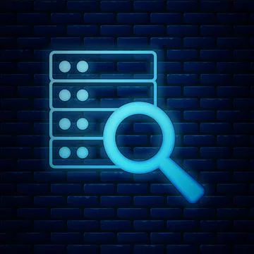 Glowing neon Server, Data, Web Hosting icon isolated on brick wall background Illustrazione stock