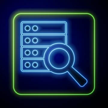 Glowing neon Server, Data, Web Hosting icon isolated on blue background. Vector Illustrazione stock