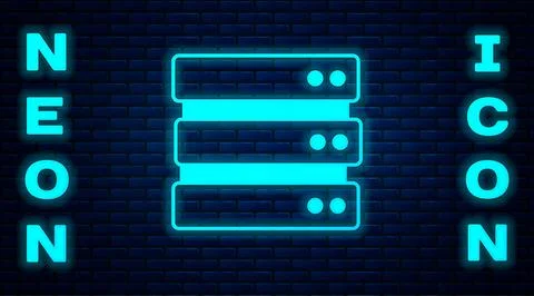 Glowing neon Server, Data, Web Hosting icon isolated on brick wall backgrou.. Illustrazione stock