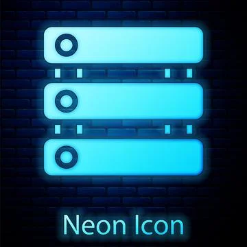 Glowing neon Server, Data, Web Hosting icon isolated on brick wall backgrou.. Illustrazione stock