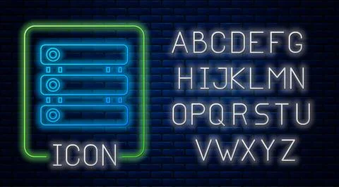 Glowing neon Server, Data, Web Hosting icon isolated on brick wall backgrou.. 스톡 일러스트