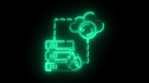 Glowing neon server rack with fire icon and cloud sync symbol animated on b.. Stock Footage 314712855