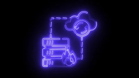 Glowing neon server rack on fire connected to cloud sync icon with circular.. Video stock 314712860