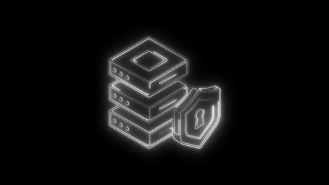 Glowing neon server rack icon with shield and keyhole symbol representing d.. Stock Footage 314705822
