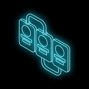 Glowing neon server rack icon isolated on a black background, representing co Stock Illustration
