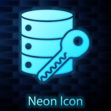 Glowing neon Server security with key icon isolated on brick wall background. Stock Illustration