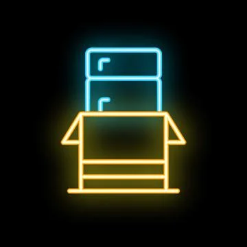 Glowing neon servers inside open cardboard box representing data center, clou Stock Illustration