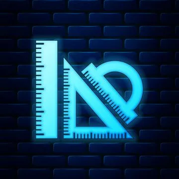 Glowing neon Set ruler, triangular ruler and protractor icon isolated on brick Illustrazione stock