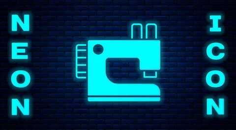 Glowing neon Sewing machine icon isolated on brick wall background. Vector Stock Illustration
