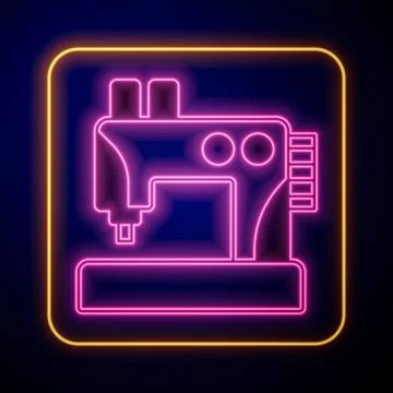 Glowing neon Sewing machine icon isolated on black background. Vector Illustrazione stock