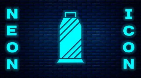 Glowing neon Sewing thread on spool icon isolated on brick wall background. Yarn Stock Illustration