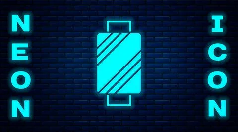 Glowing neon Sewing thread on spool icon isolated on brick wall background. Yarn Stock Illustration