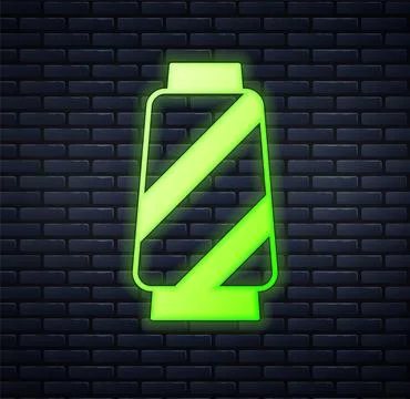 Glowing neon Sewing thread on spool icon isolated on brick wall background. Yarn Stock Illustration