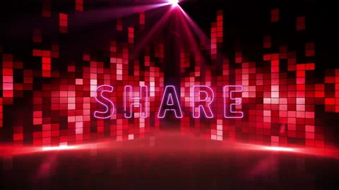 Glowing neon SHARE text with red digital squares and light beams animation Stock Footage 304764794