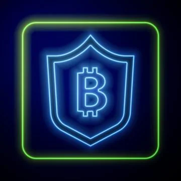Glowing neon Shield with bitcoin icon isolated on blue background Stock Illustration