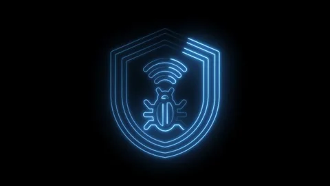 Glowing neon shield with bug and wifi symbol cyber security concept animation Video stock 346008189