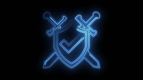 Glowing neon shield with check mark and swords security authenticity verifi.. Stock Footage 315961537